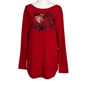 Chico's Red Placed Floral Bateau Long Sleeve Embellished Knit Sweater NWT (L)
